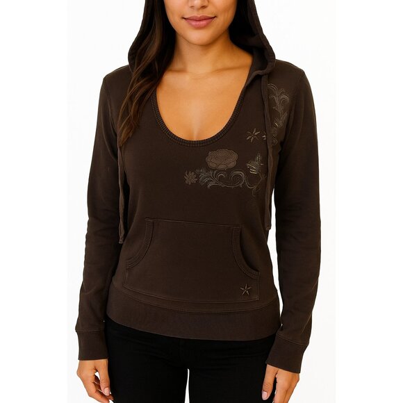Vintage Y2K Garage Brown Embroidered Hoodie Sweatshirt Fairy Grunge Fitted Sz XS - Picture 1 of 11